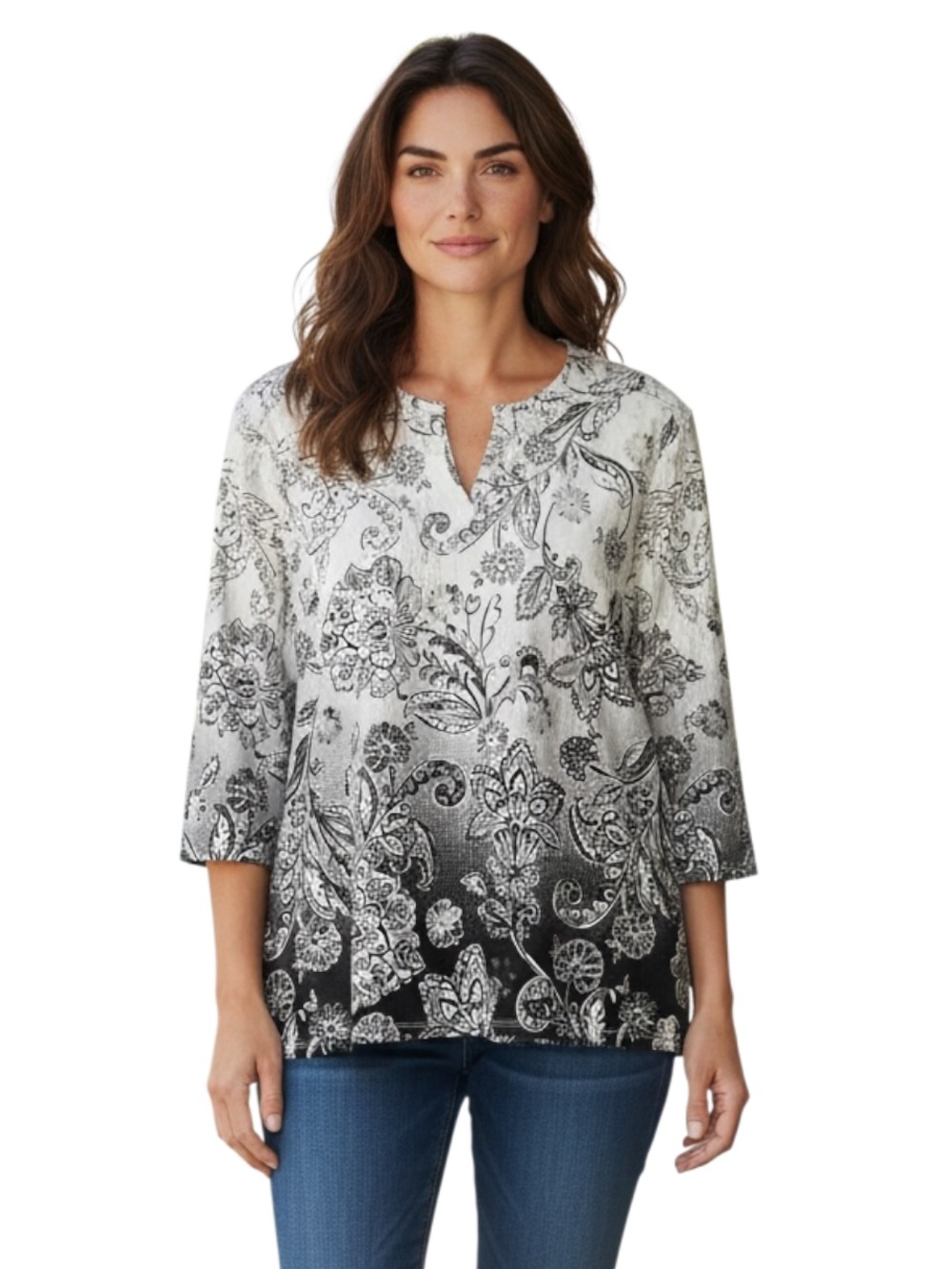 Alfred Dunner Ombre Scroll Floral Split Neck Top, Grey‎ & White, Size PXL